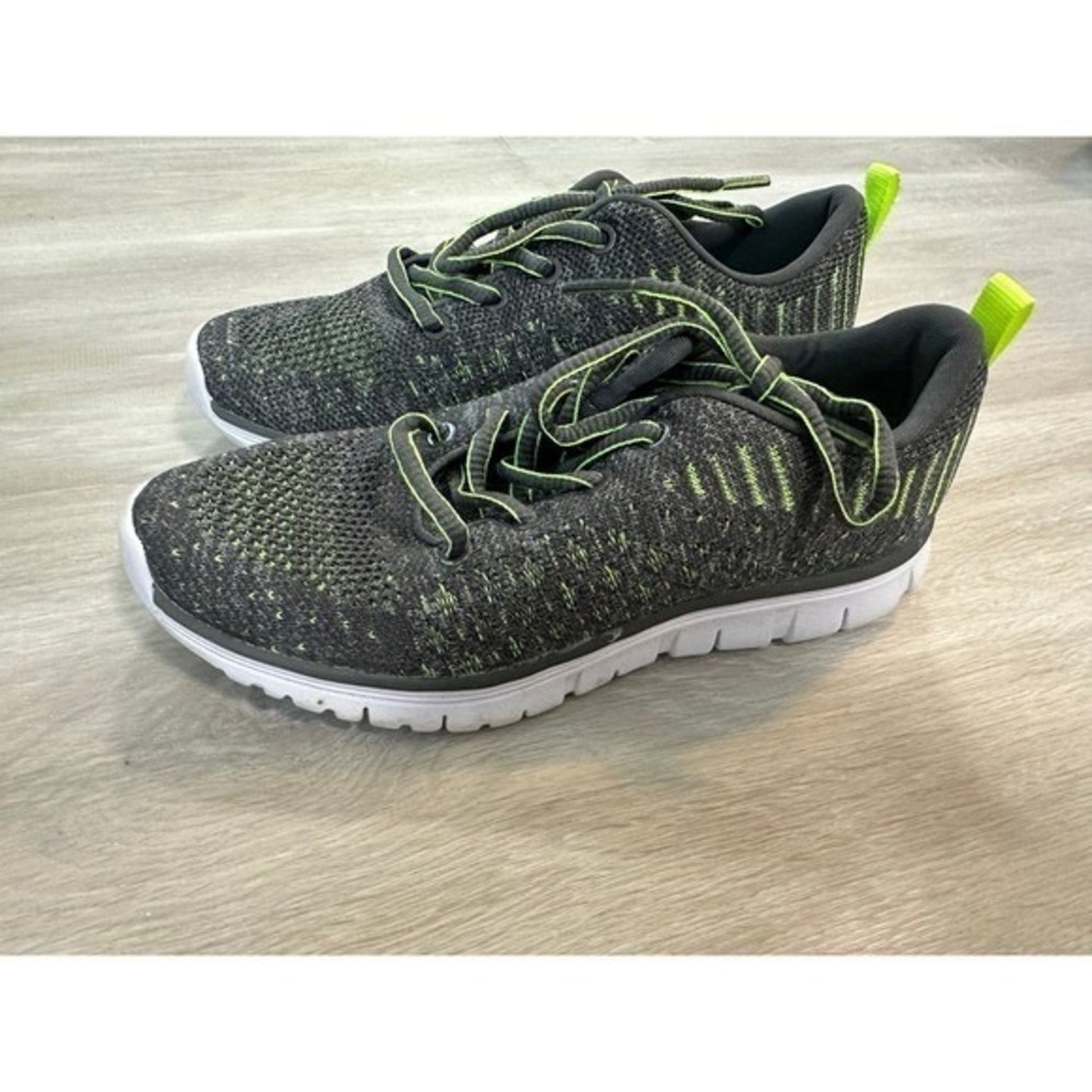 Kids Athletic Sneakers Dark Gray Neon Green Lace Up Gym Running Shoes Size 2 - Picture 4 of 6